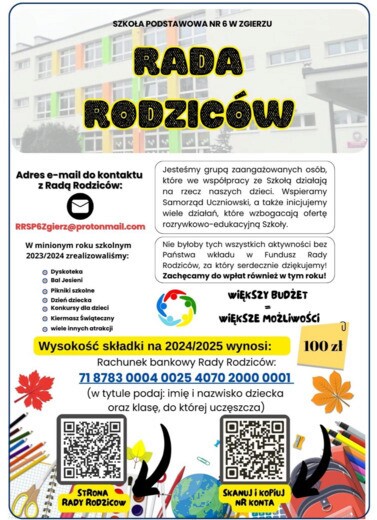 Grafika informująca o wpłatach w wysokości 100 złotych na Radę Rodziców i spis wydarzeń zorganizowanych w zeszłym roku