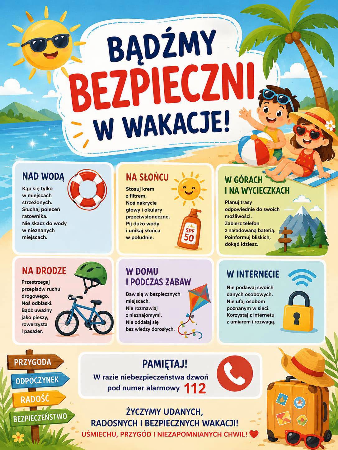 Grafika z&nbsp;informacjami o&nbsp;zasadach bezpieczeństwa w&nbsp;trakcie wakacji