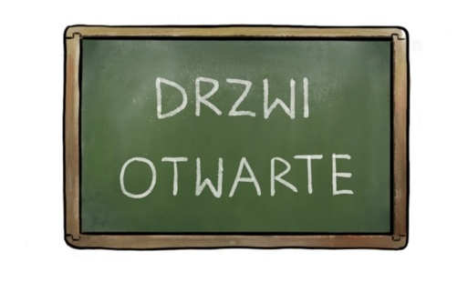 Grafika z tablicą i napisem Drzwi Otwarte